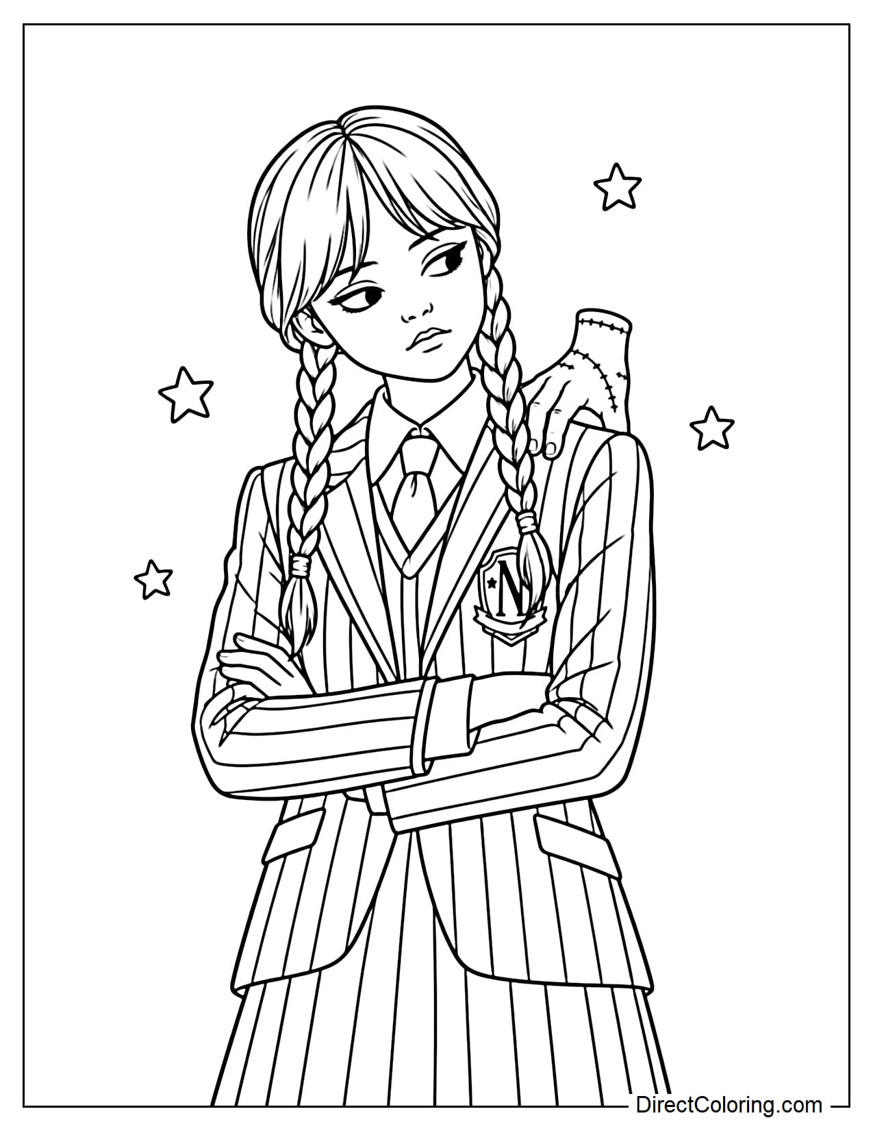 Wednesday stands with Thing perched on one shoulder, tilting her head slightly to look at Thing, with a few small stars in the background.
