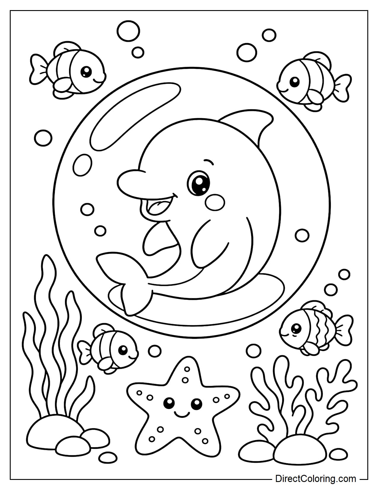 The adorable dolphin is sitting inside a giant, transparent bubble, surrounded by small fish, starfish, and seaweed.