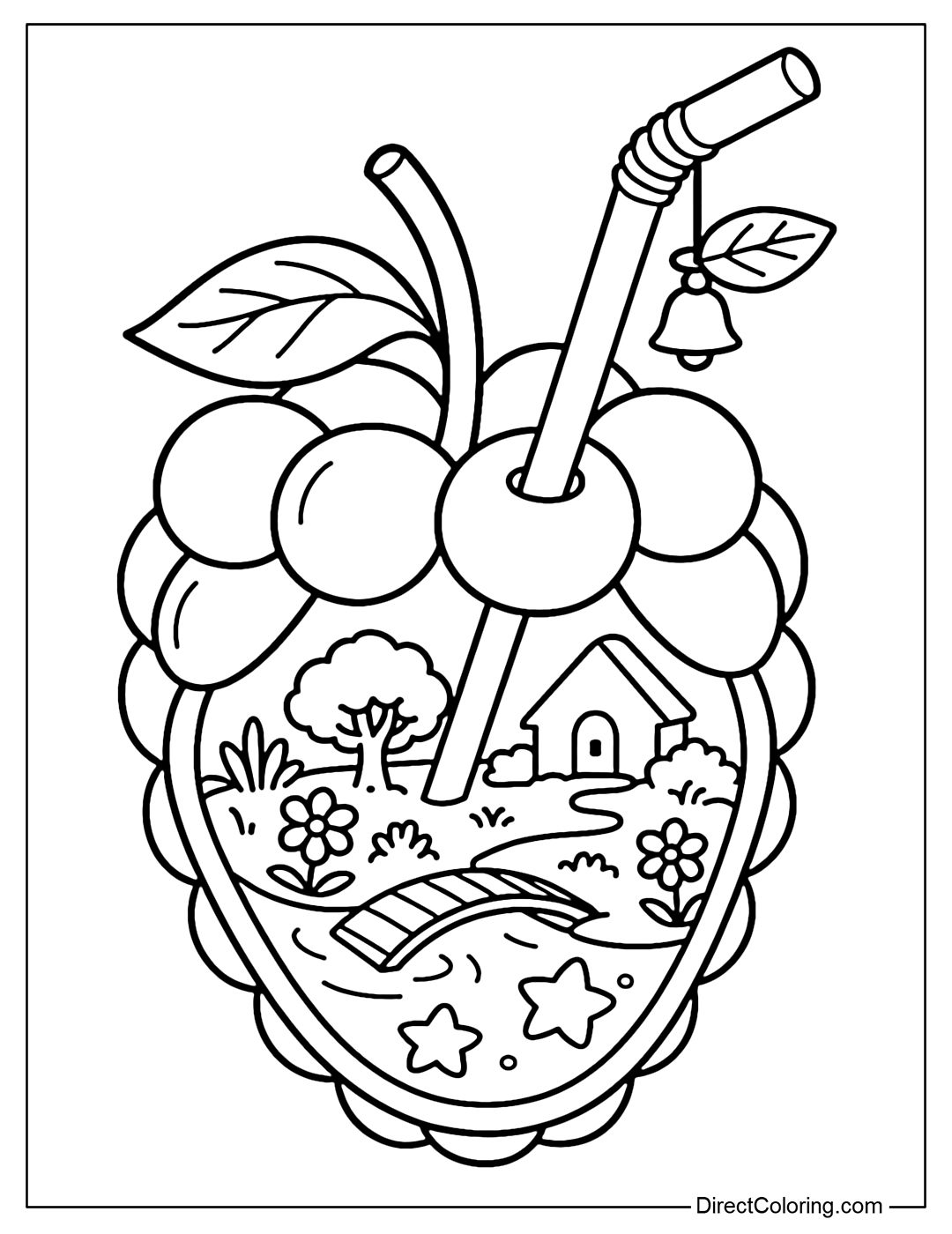 A large raspberry coloring page, shimmering purple water. Inside is a dream garden with a tiny house and a small wooden bridge.