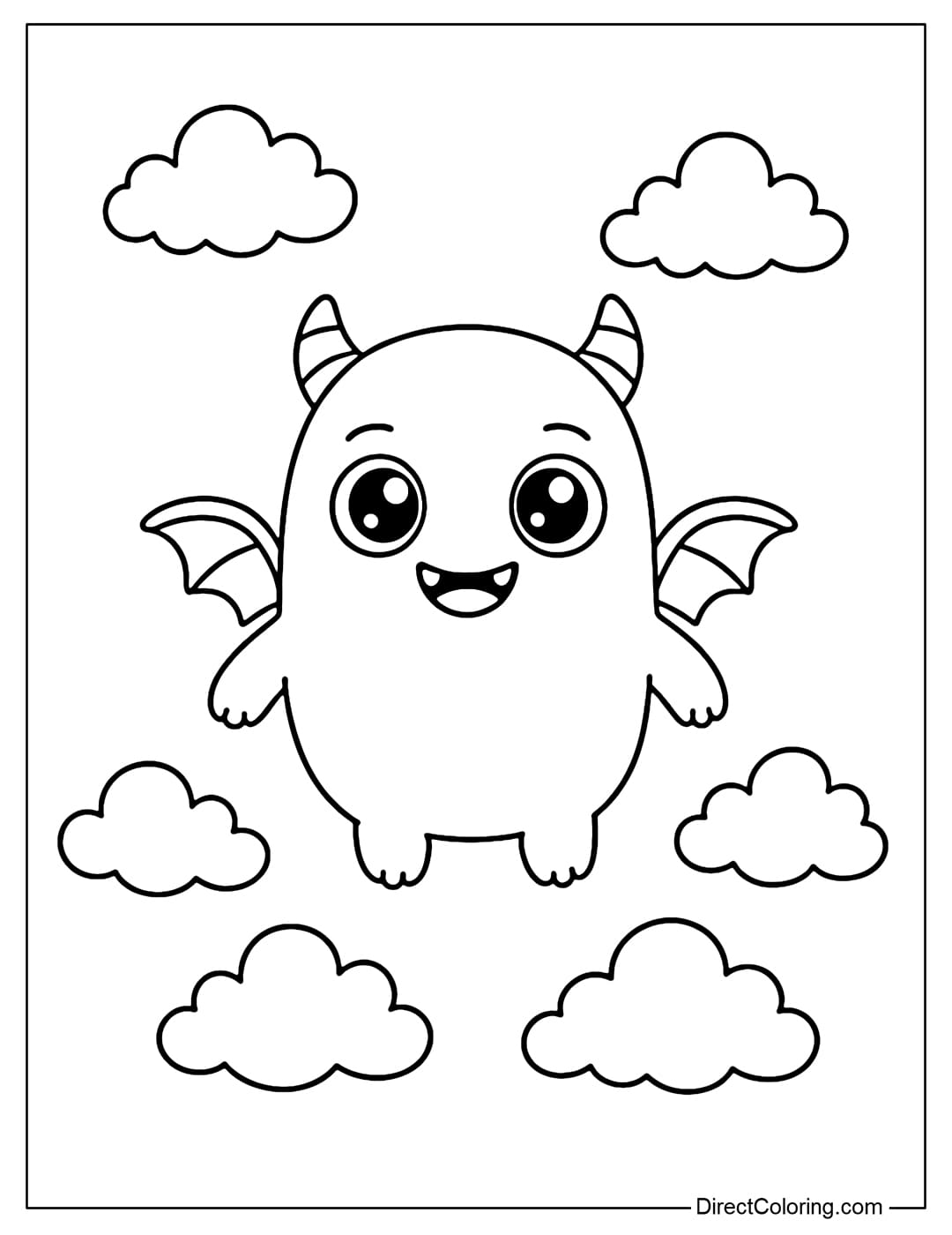 A monster coloring page with small wings flying among the clouds, with big sparkling eyes and a friendly smile.