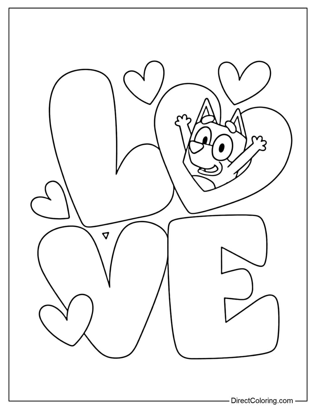 Bluey is in a heart-shaped frame with the word LOVE formed by large rounded letter blocks, surrounded by smaller hearts.