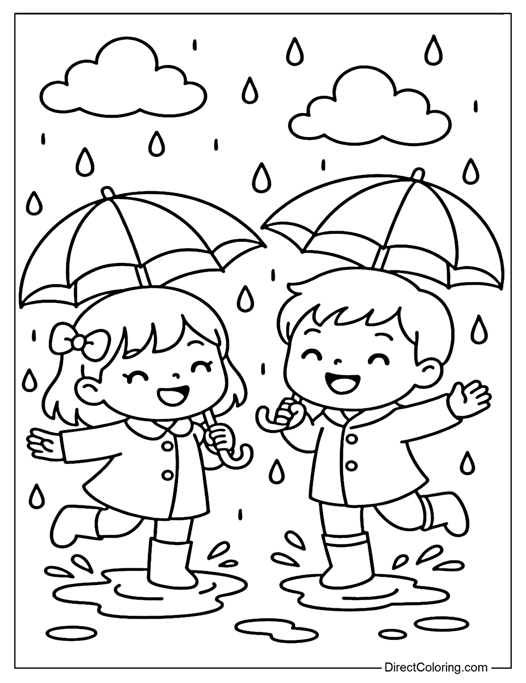 Coloring page of two little friends dancing in the clear rain, holding umbrellas and smiling brightly.
