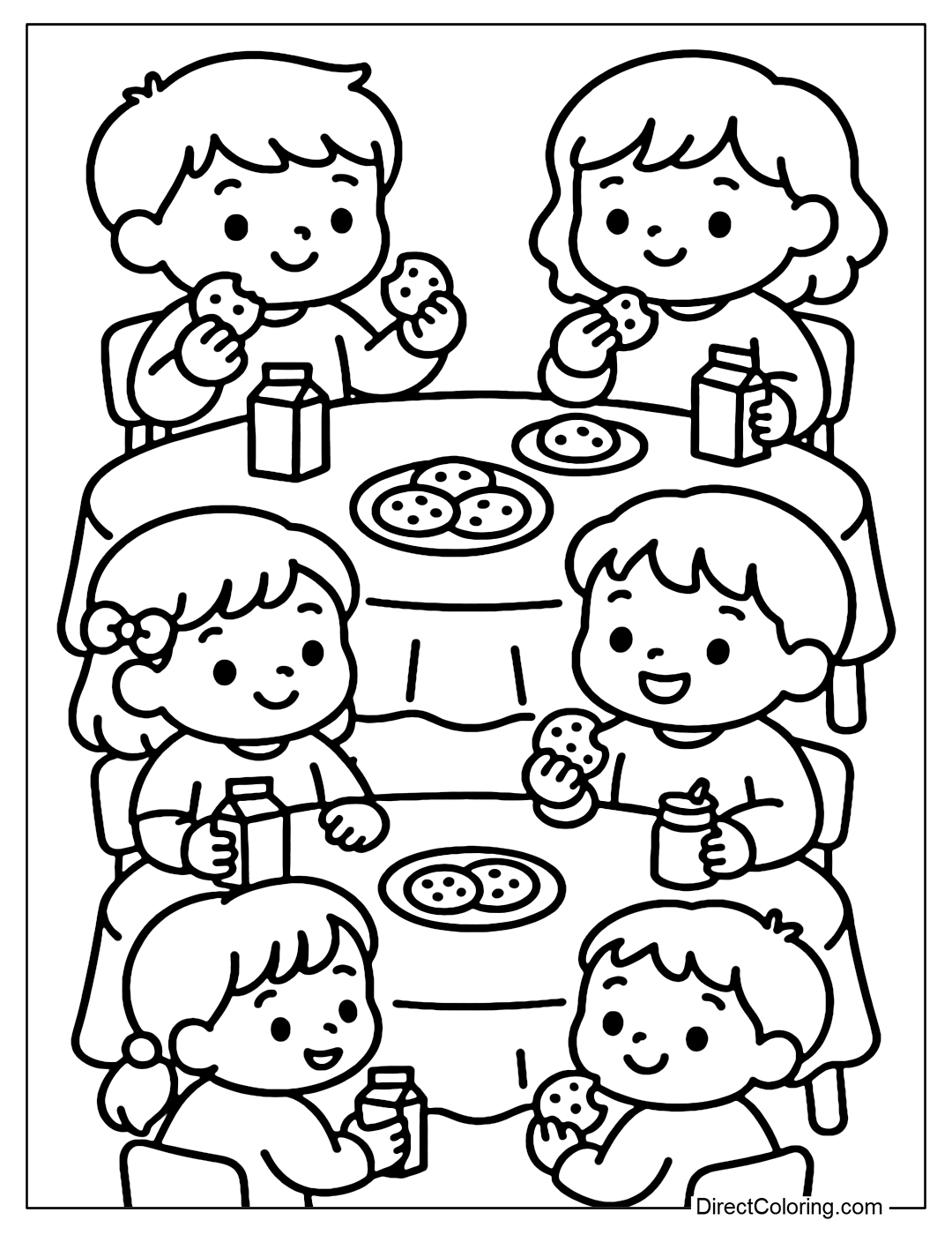 A coloring page where the kids are having a snack of cookies and milk, sitting around a table with a lovely tablecloth.