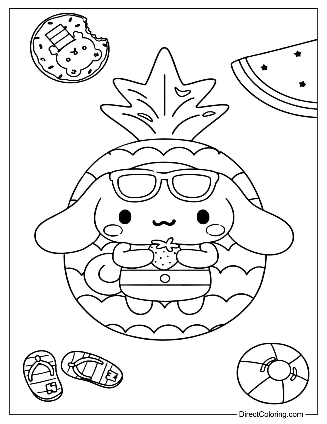 A Cinnamoroll wearing sunglasses lying on a pineapple float, holding small fruits, surrounded by donuts, watermelon, flip-flops, and a beach ball.
