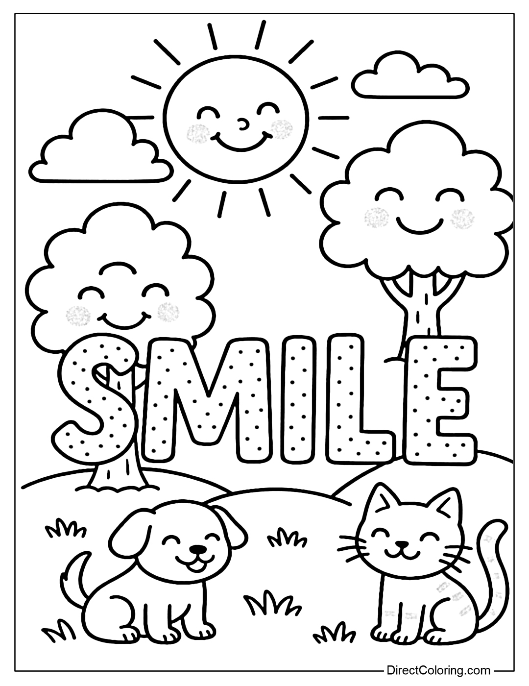 Smile coloring page with a smiling sun, trees and pets.