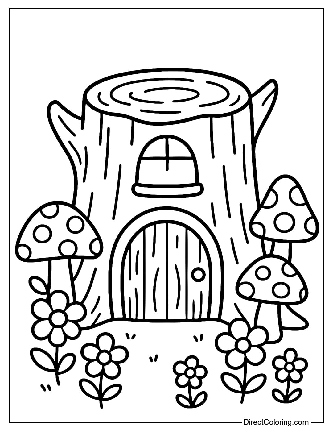 Tree Stump House Coloring Page A tree stump house coloring page with a round wooden door, surrounded by simple mushrooms and flowers.
