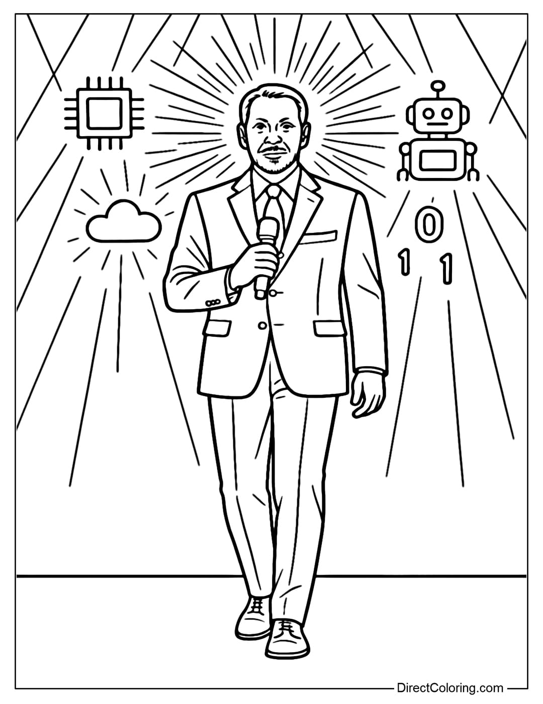 Larry Ellison in the Spotlight of Innovation Coloring Page Larry Ellison coloring page standing on a stage with bright lights behind him symbolizing technological innovation.