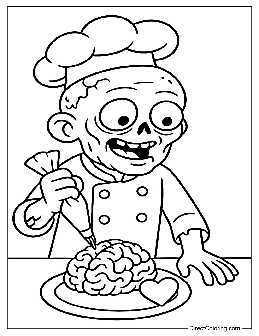 A zombie coloring page with a brain and chocolate heart.