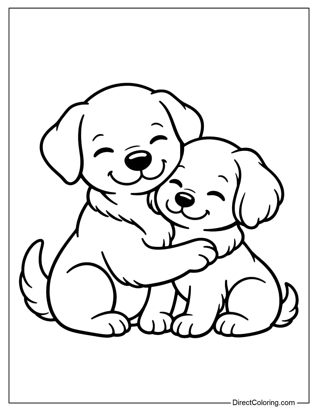 A coloring page of two dogs hugging or leaning their heads together, with soft, rounded lines, creating a friendly and pleasant feeling.