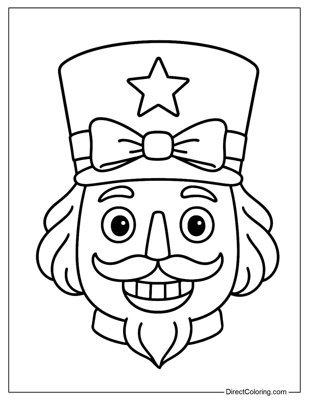 Nutcracker face coloring page close-up, tall hat with star and ribbon details.