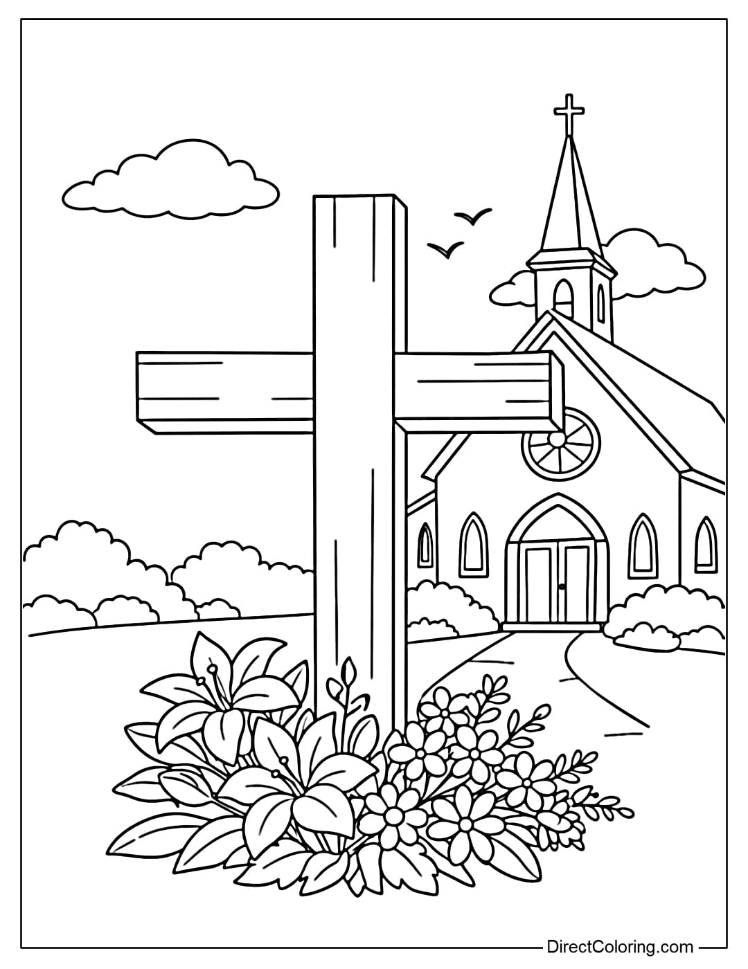 Coloring page of a cross in front of a church with simple flower decorations.