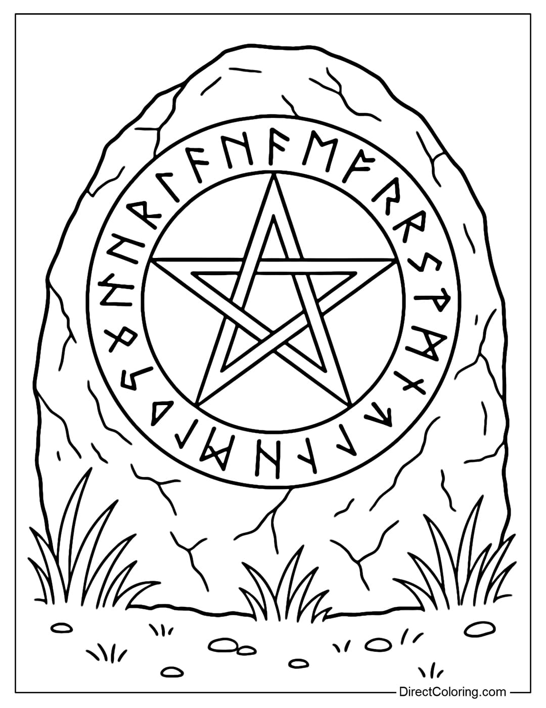 A Nordic rune circle coloring page carved on a stone, with a pentagram symbol in the middle.