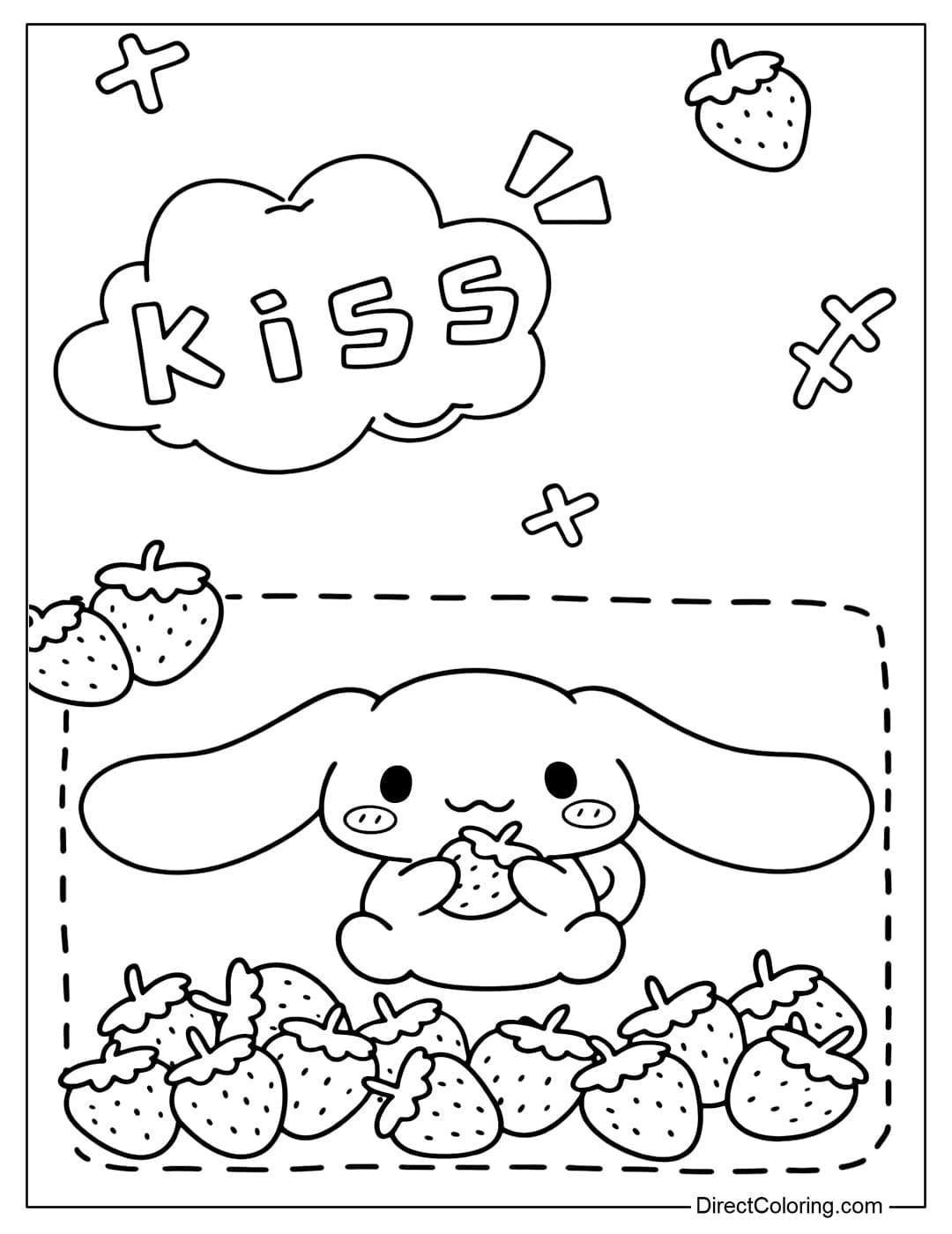 A coloring page of Cinnamoroll hugging a strawberry, surrounded by strawberries and the word 