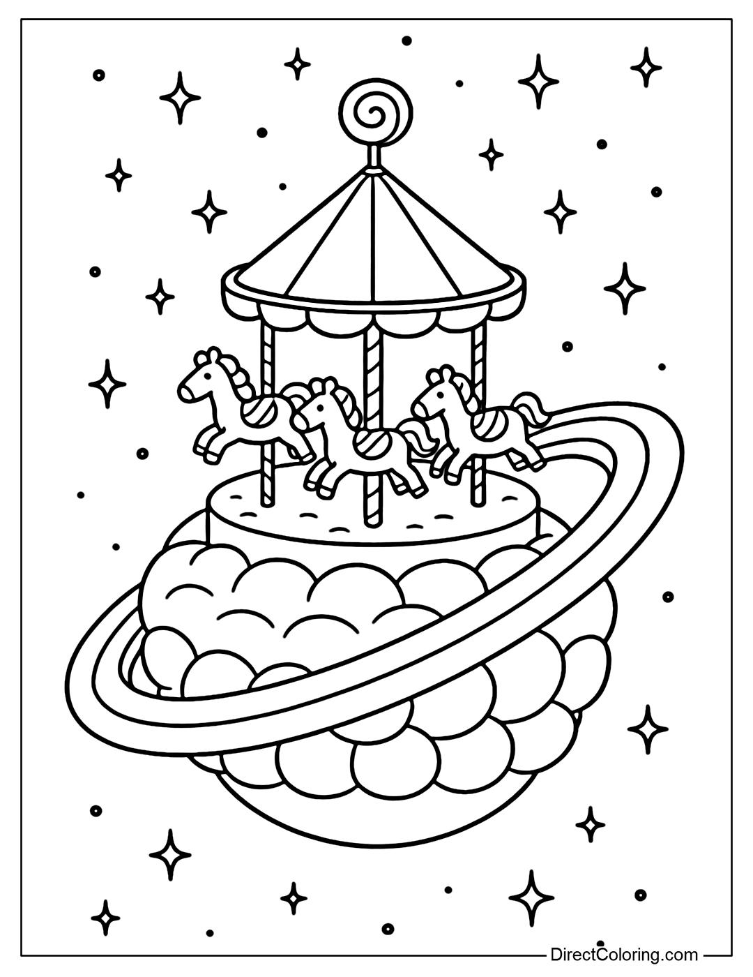 A planet coloring page with a candy-shaped carousel, covered with a marshmallow carpet on the surface. The rim is candy horses spinning with a candy rainbow strip.