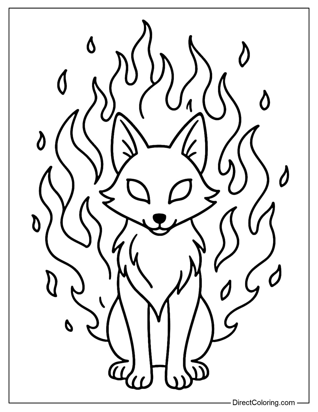 A fantasy fox coloring page with glowing eyes, a stylized flame tail, and a few floating sparks around.