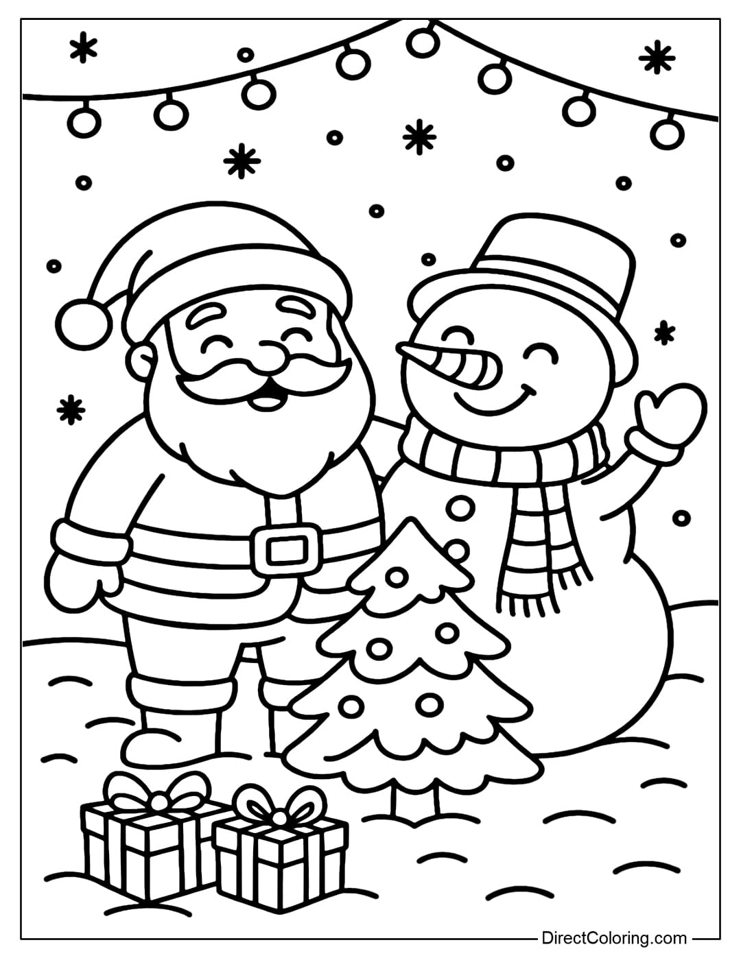 Christmas Santa with Snowman Coloring Page Santa Claus and snowman coloring page laughing happily together in the snowy yard.