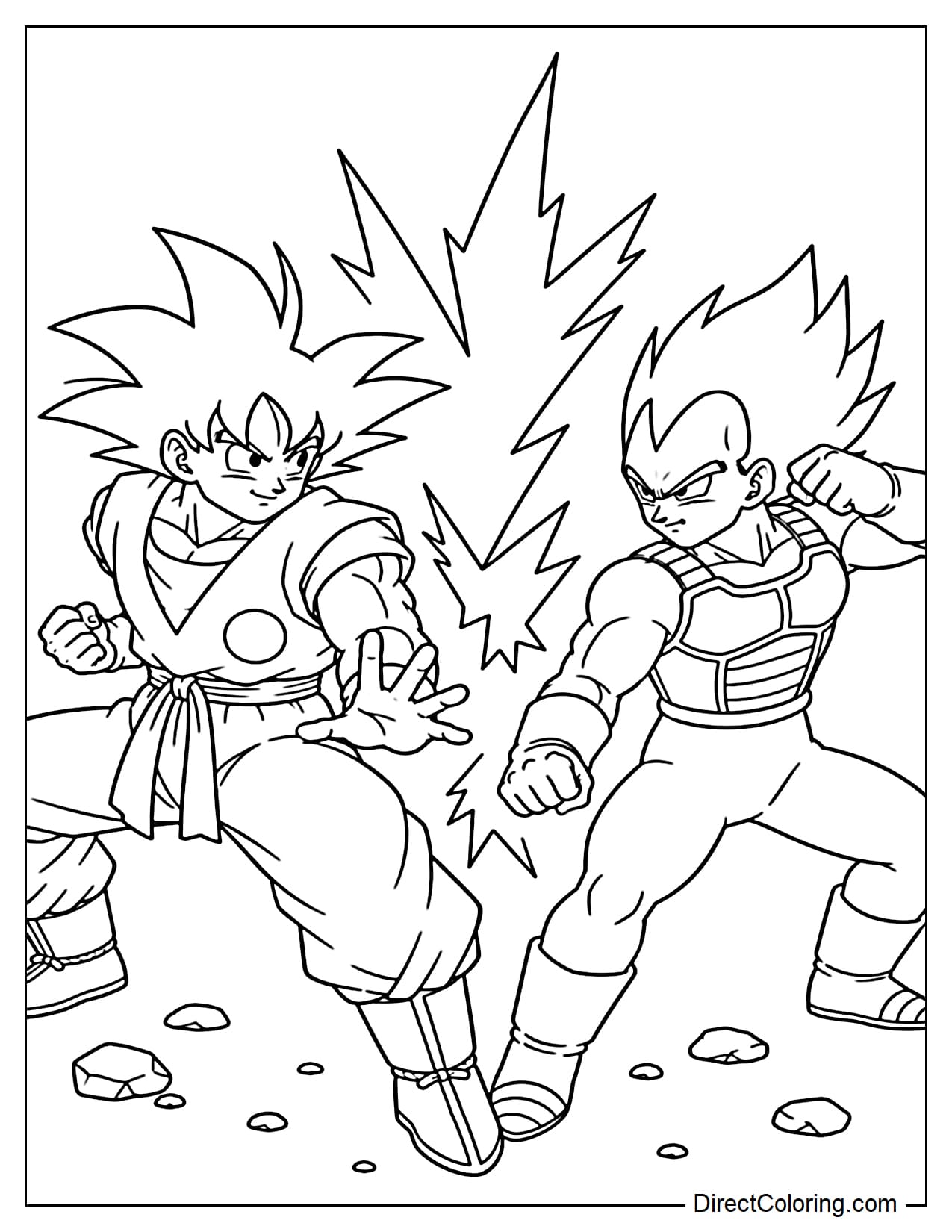Goku and Vegeta are facing each other in a training stance, both standing slightly to the left and right in a diagonal fighting pose, with large energy beams and small rocks in between.
