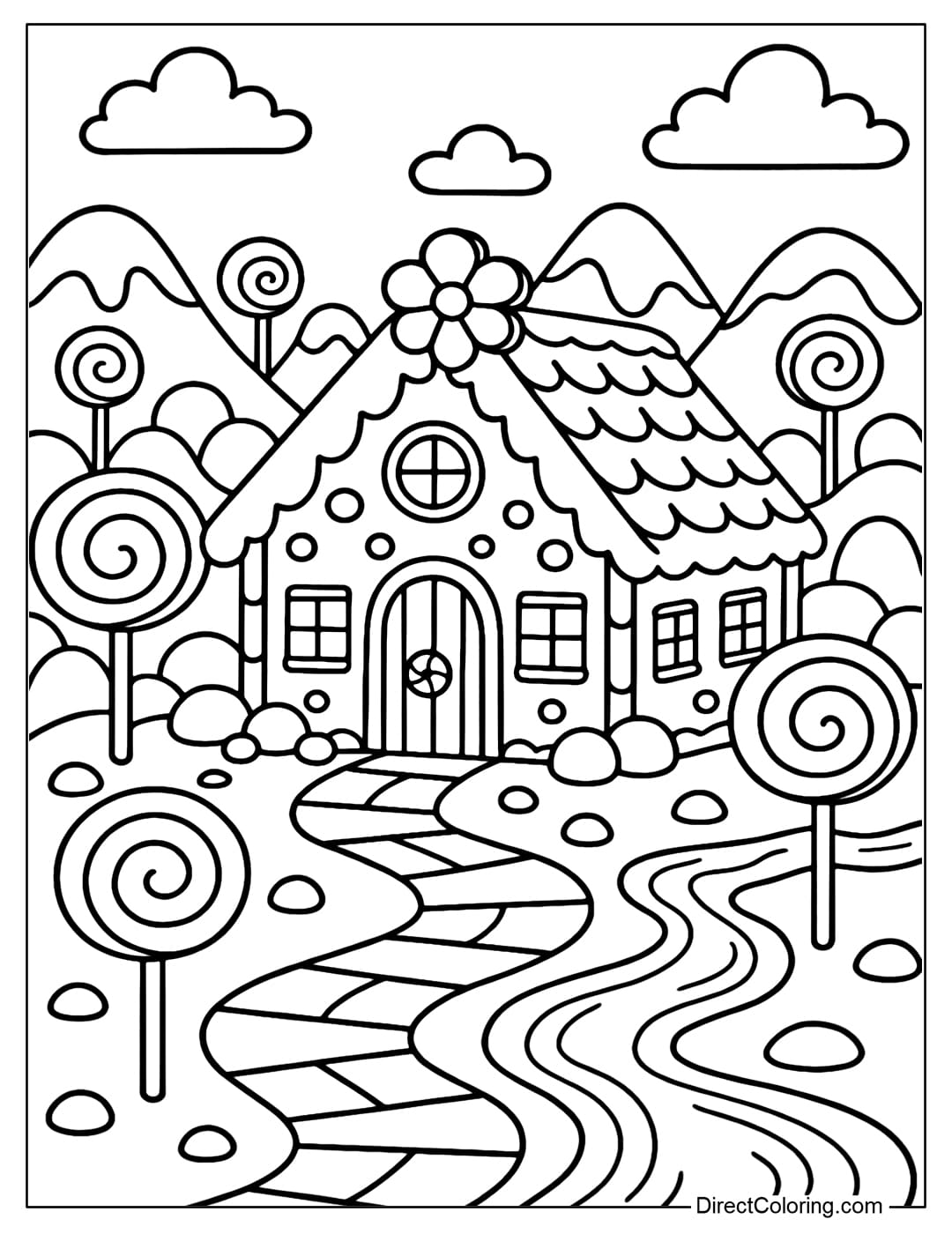 A gingerbread house coloring page set in a candy kingdom, surrounded by lollipop mountains, chocolate sugar, and a syrup river.