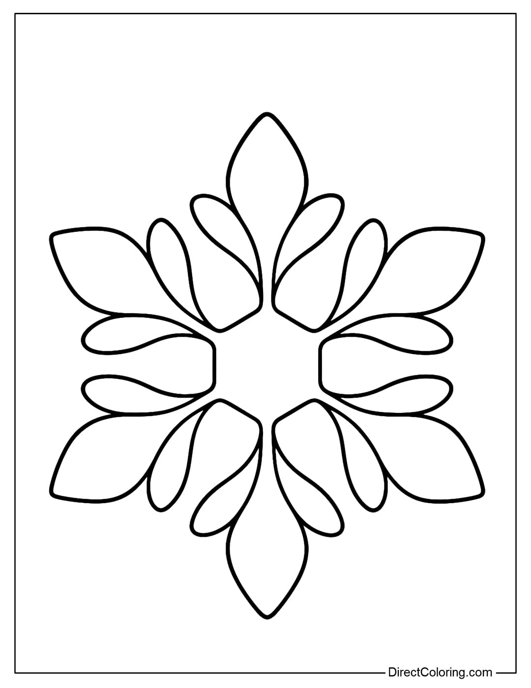 A coloring page of a snowflake with soft, leaf-like branches, each petal a large, petal-like shape.