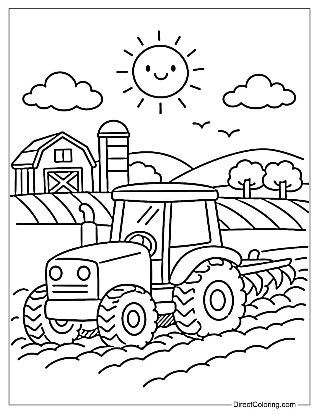 A tractor coloring page in the field with simple lines.
