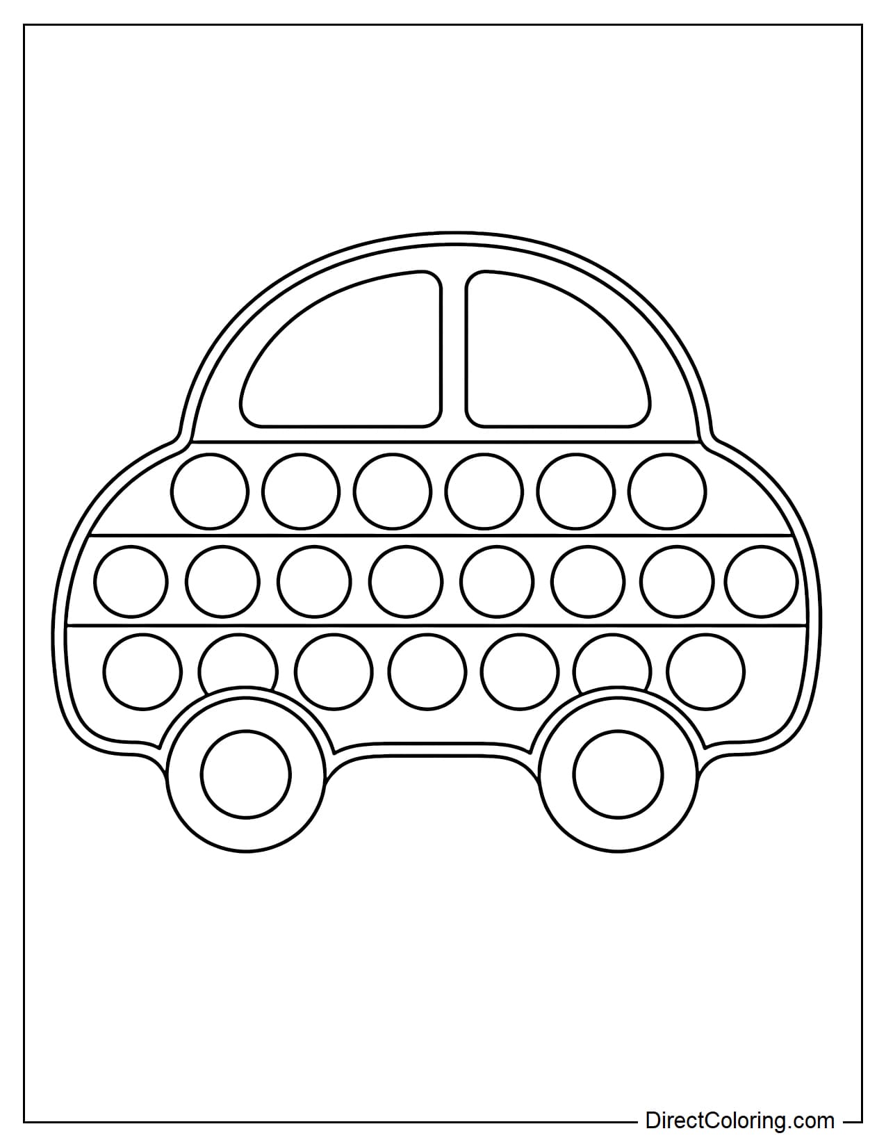 A pop-up shaped like a car viewed from the side, featuring a rounded body, simple large windows, two clearly visible round wheels, and round bubbles evenly distributed throughout the body.