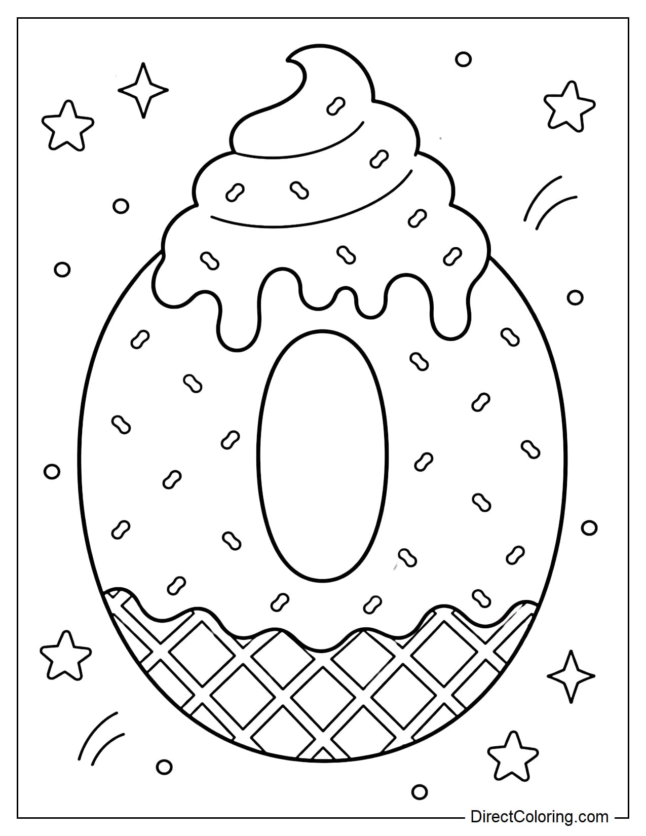A large, soft-serve letter O made from soft-serve ice cream, with a light, melting cream topping, sprinkles scattered throughout, and a waffle-like texture at the base. Surrounding it are a few small stars and dots.