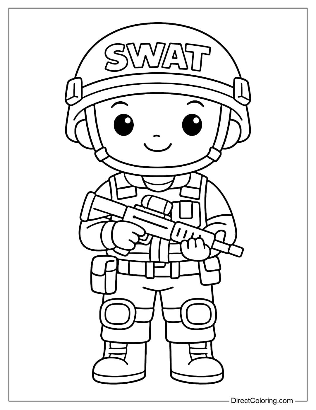 Coloring page of a SWAT police officer in a simplified uniform.