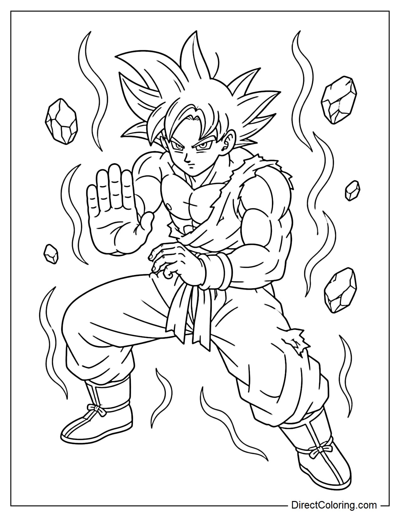 Goku in Ultra Instinct form is leaning low in a defensive stance, his uniform torn to reveal his shoulder and arm, one arm extended forward, the other bent close to his body.