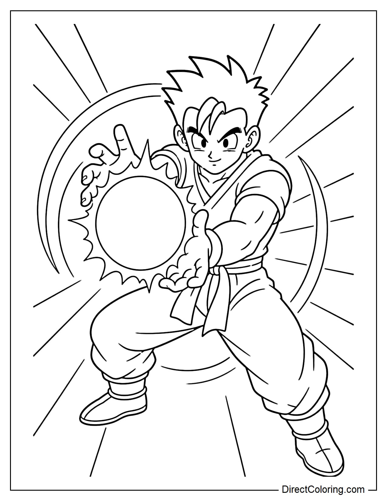 Gohan is in a low stance, his hands extended forward creating a large energy ball, his body slightly tilted to create movement, surrounded by several rays of light and energy rings.