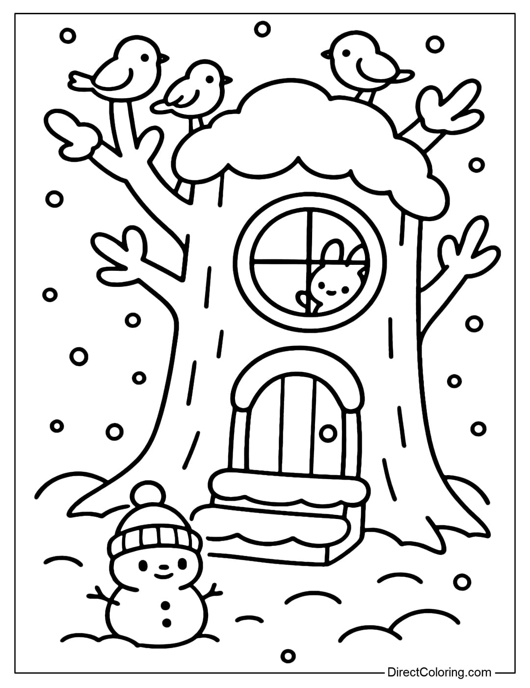 Winter Stump Coloring Page Winter tree stump coloring page covered with white snow, with warm light from the window.