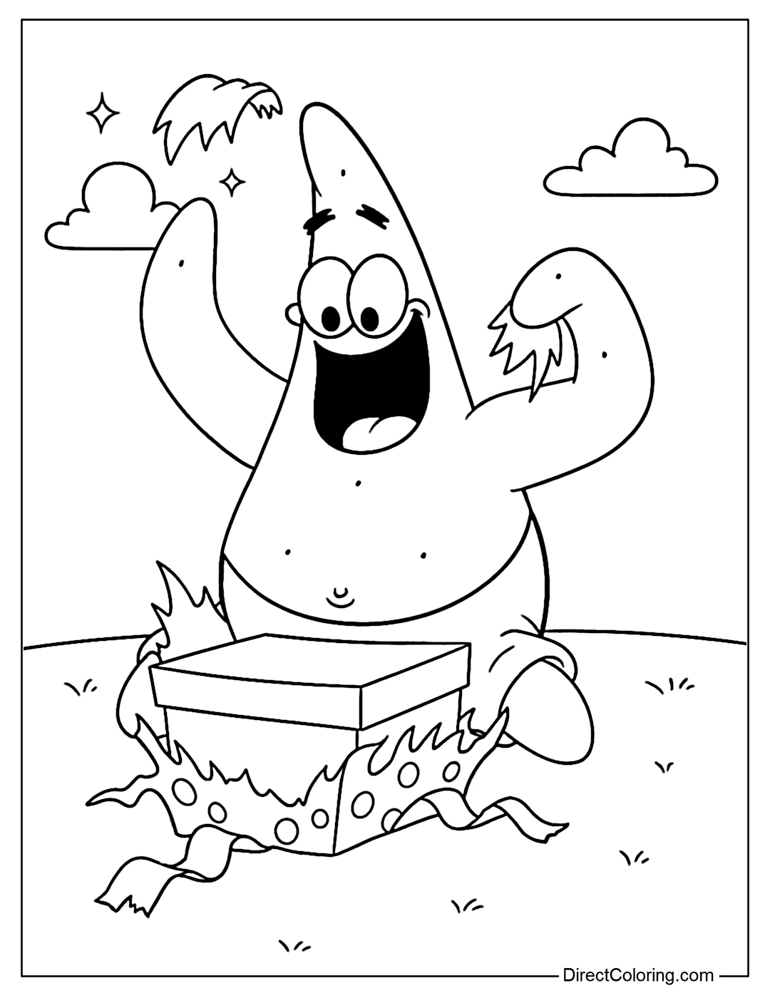 Coloring Page of Patrick Star excitedly unwraps a gift, joyfully tossing colorful wrapping paper into the air while sitting outdoors on the grass.