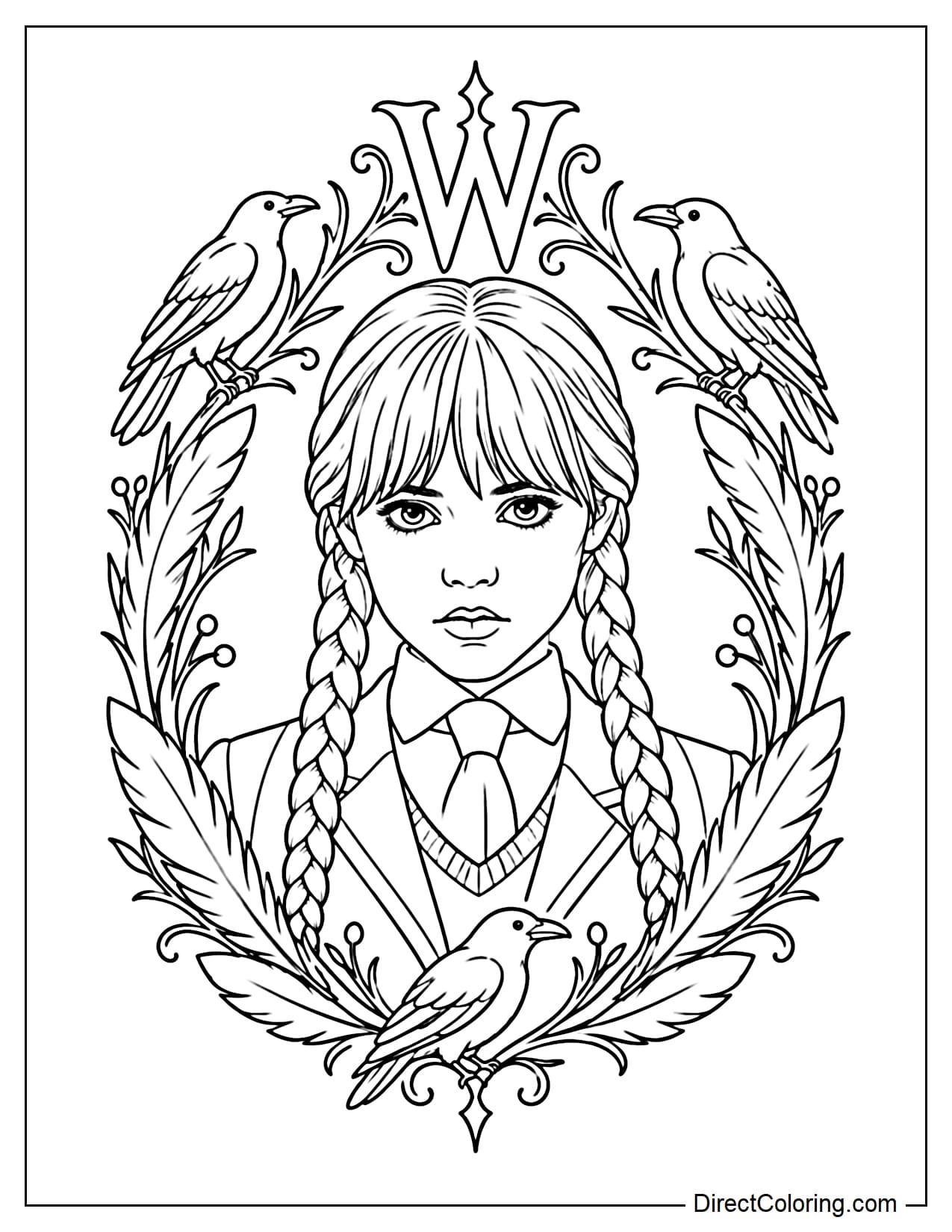 A waist-up portrait of Wednesday is framed inside a large gothic wreath made of feathers, curved branches, and three small ravens, with a large letter W displayed at the top of the wreath.