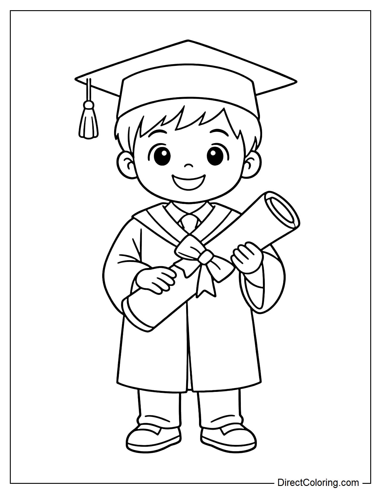 A boy in a graduation gown is holding a large diploma and smiling happily.
