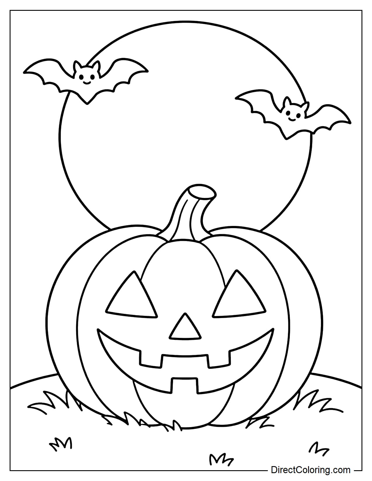 A large jack-o'-lantern sitting on a simple grassy patch beneath a big full moon, with two small bats flying overhead.