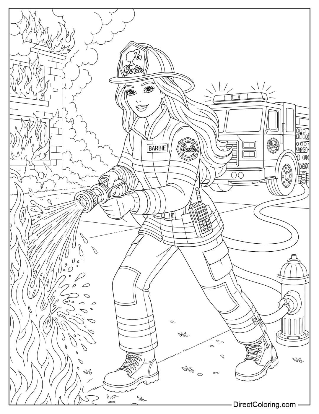 Coloring page of Barbie as a firefighter putting out a fire.
