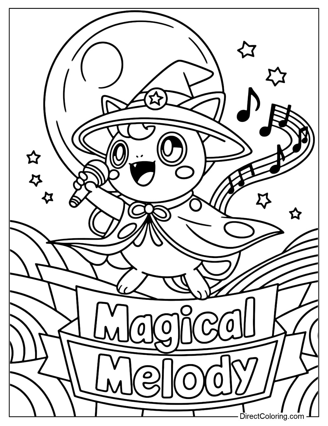 Coloring page of Jigglypuff dressed as a witch, singing in the full moon scene.