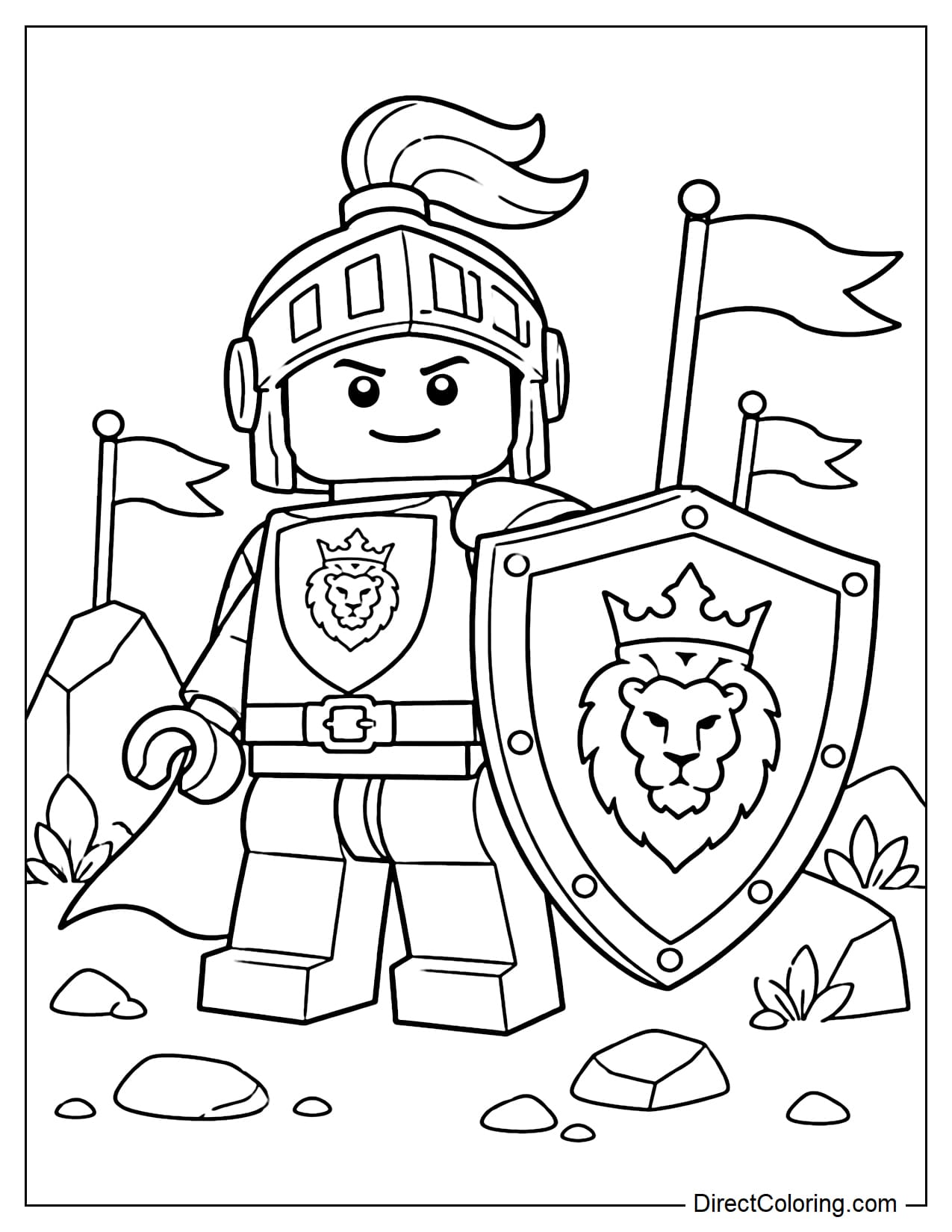 A LEGO knight is holding a large shield and standing confidently, behind him are some small flags and a stone.