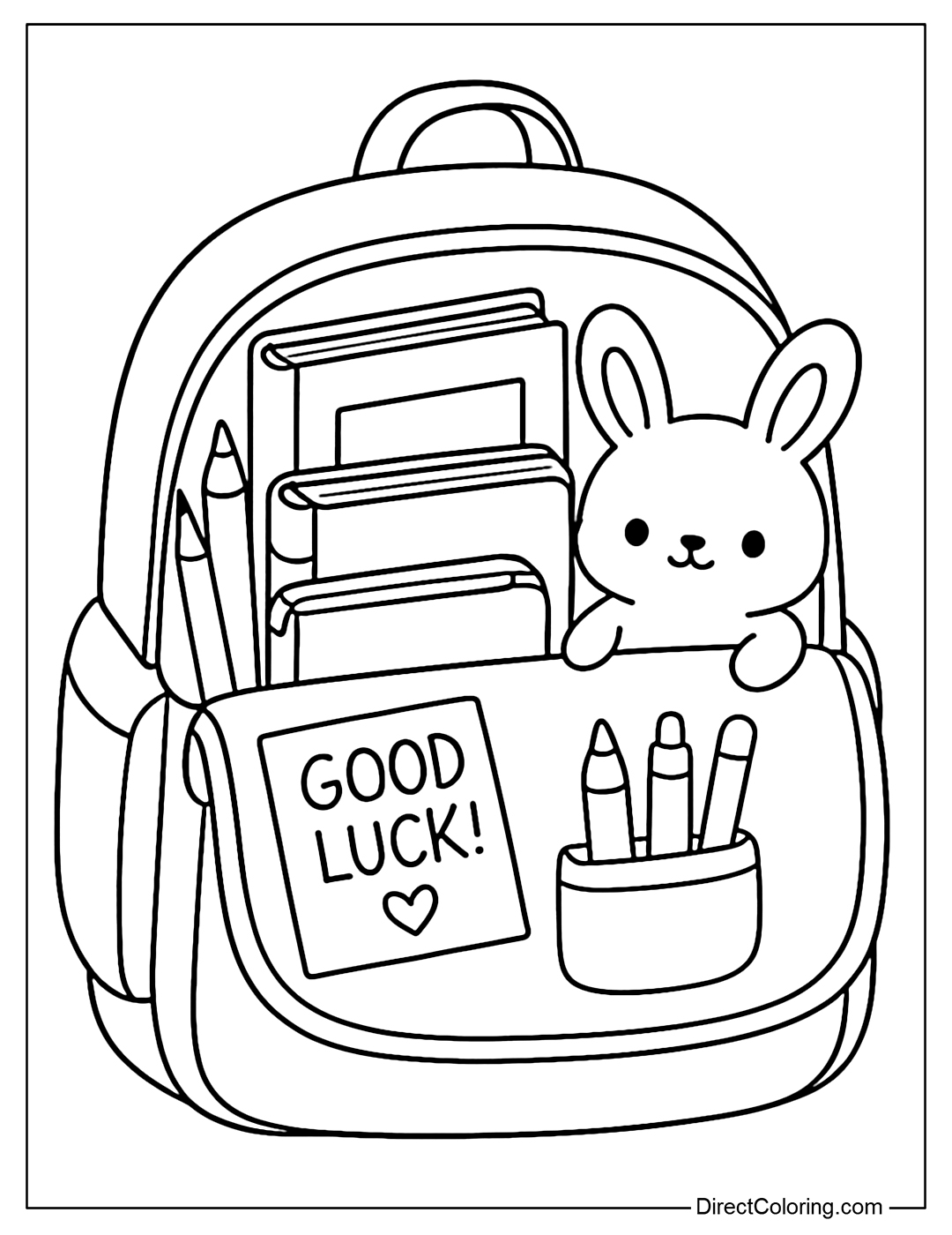 Coloring page of a half-opened bag, inside are books, pencil case, stuffed animal and a small Good Luck! card.