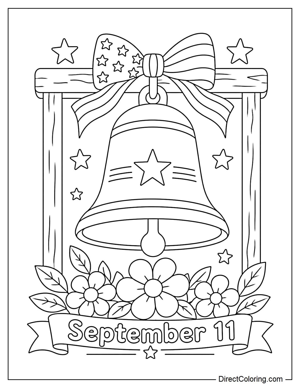 A large remembrance bell hangs in the center of the page, with a few flowers below it and the words 
