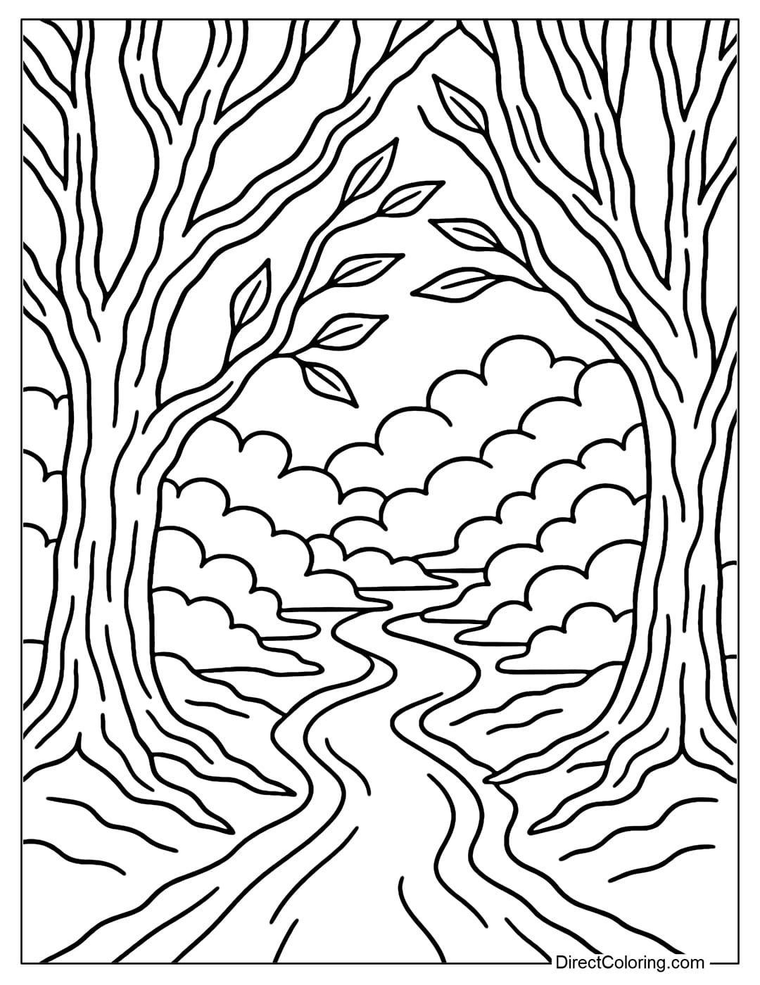 Coloring page of a path in a mystical forest, lined with ancient trees and fog.