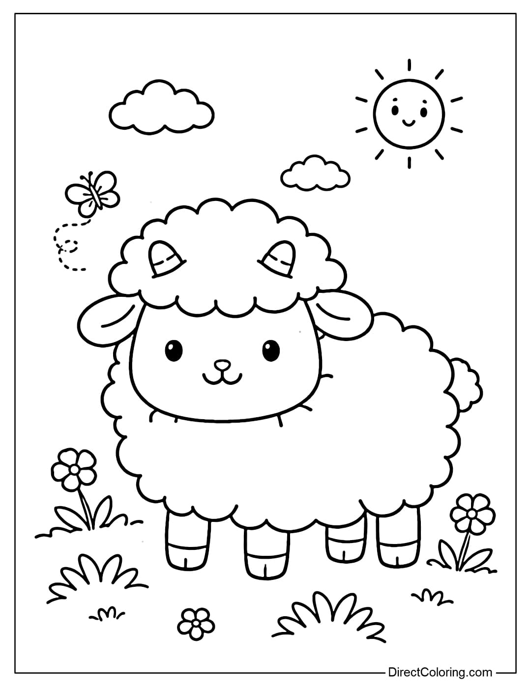 A coloring page of a fluffy sheep with simple shapes that are easy to color.