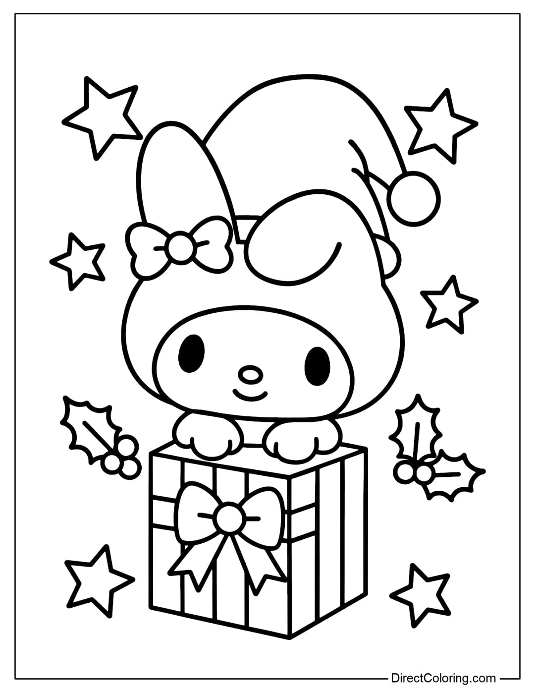 My Melody coloring page sitting on a Christmas gift box.