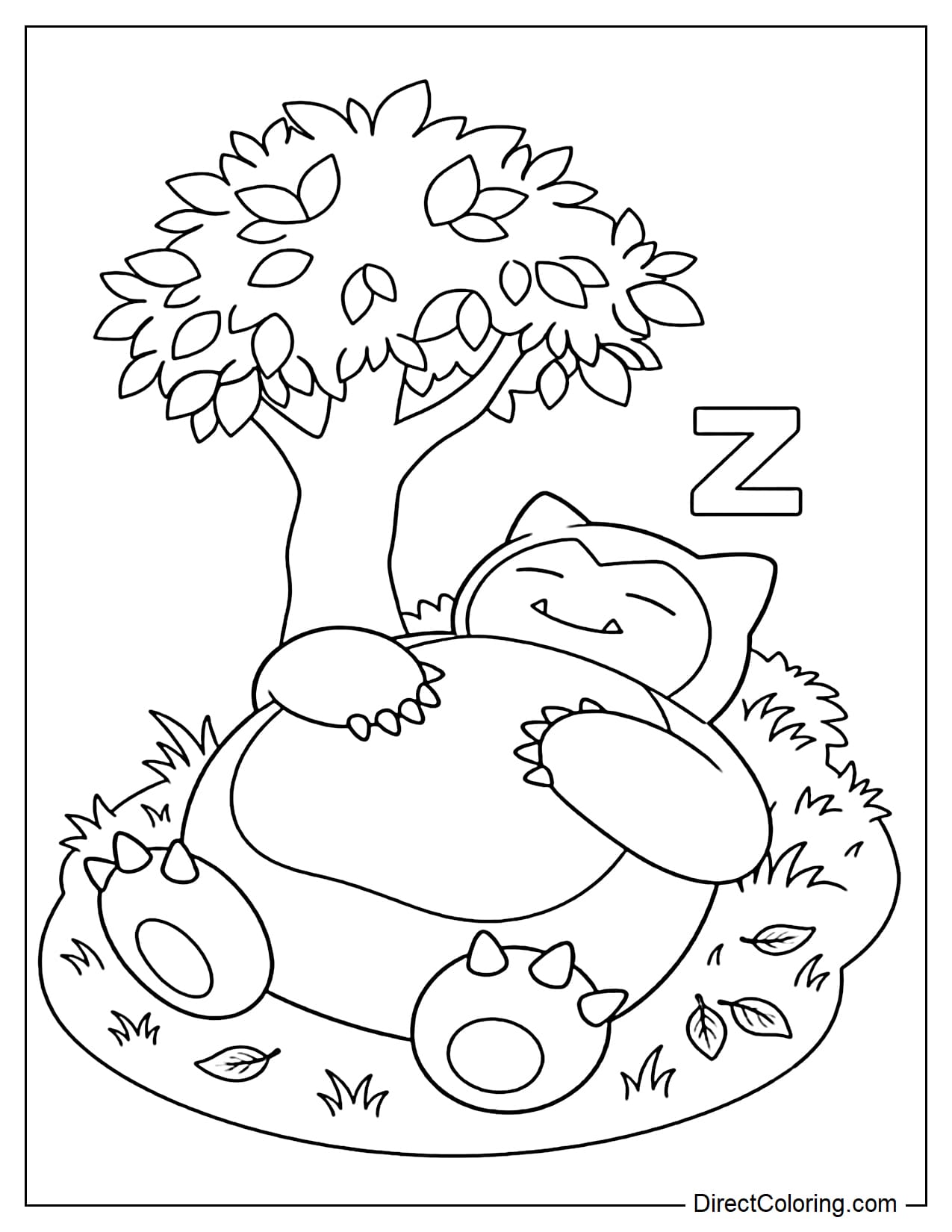 Snorlax sleeps soundly under a small tree, its hands resting lightly on its belly, with several fallen leaves and a large Z beside it.