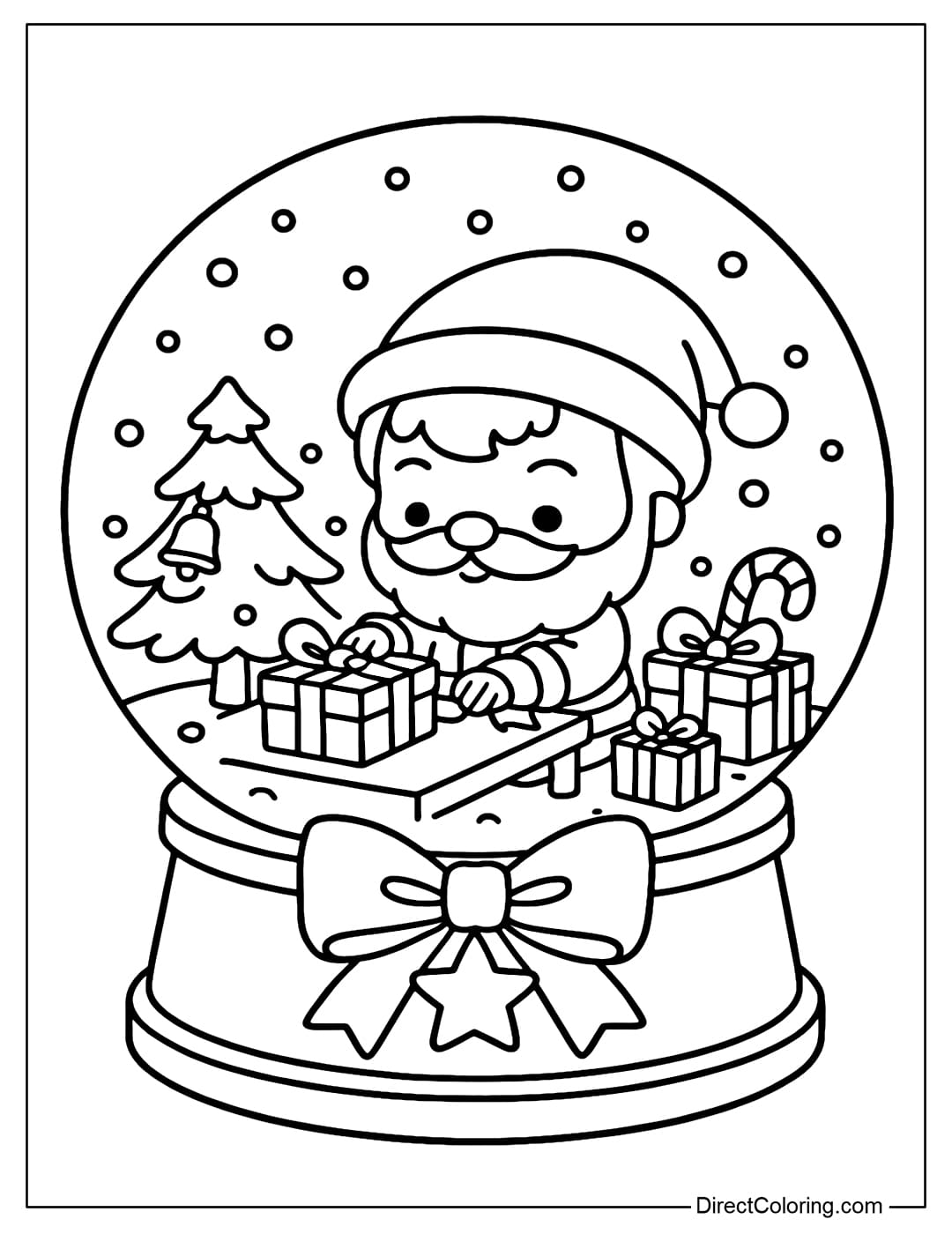 A large round snow globe coloring page with a chibi Santa Claus wrapping gifts on a table, surrounded by gift boxes, candy canes, and a small Christmas tree.