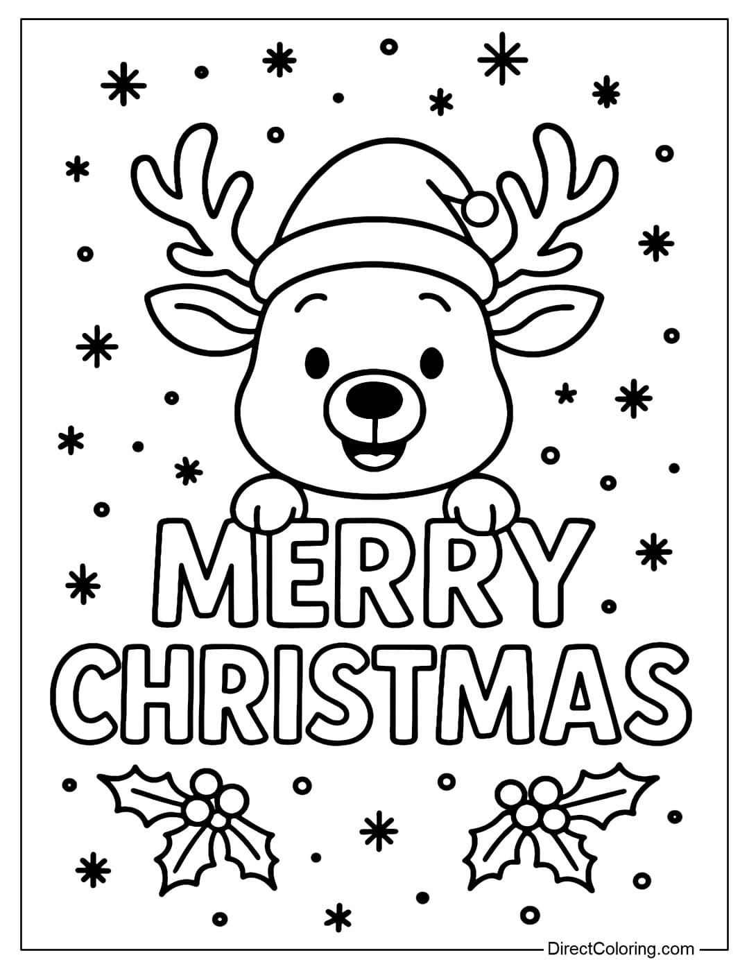 A cute reindeer wearing a Santa hat, its head sticking out in the middle of the Merry Christmas text.
