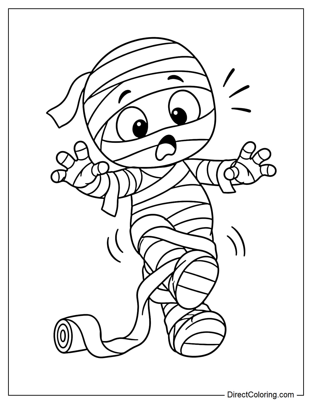 A small mummy is walking when its long bandages suddenly wrap around its legs, making it stumble.