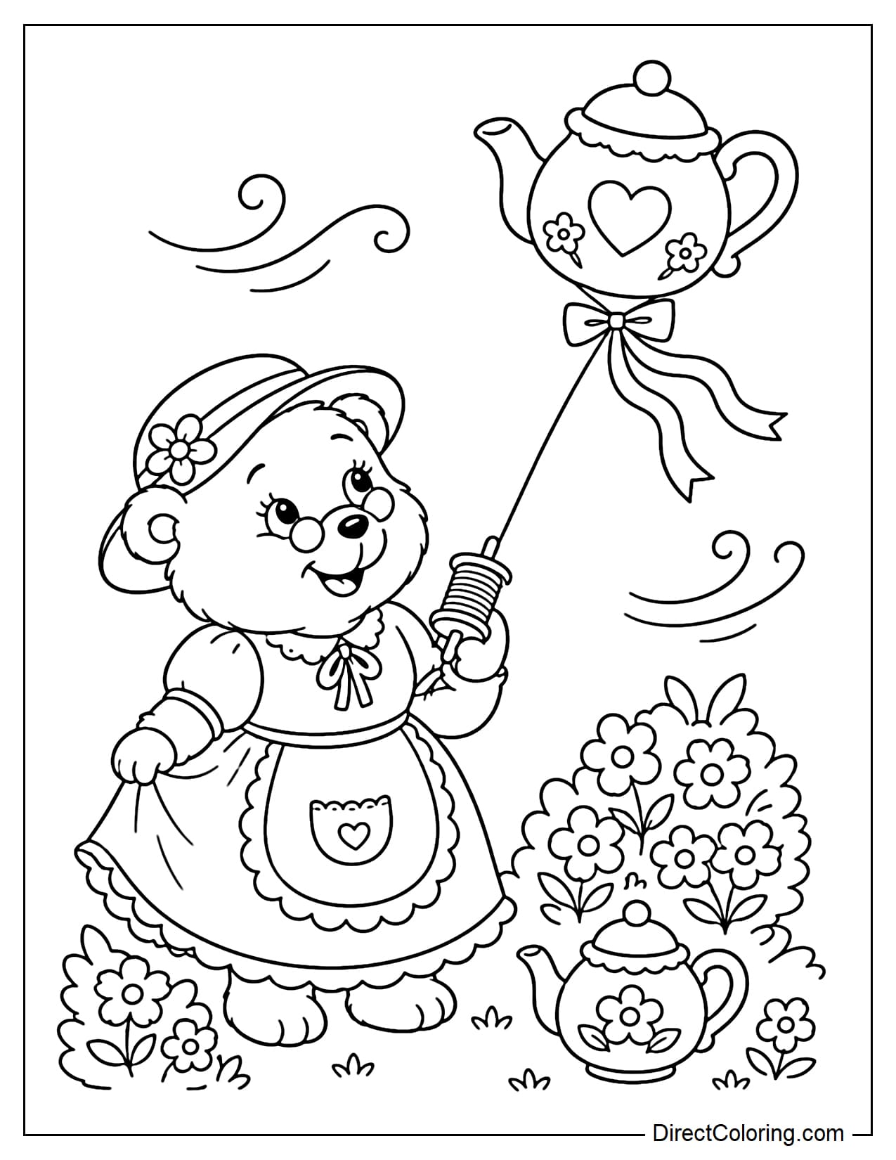 A cute grandma bear is standing in a small garden and happily flying a teapot-shaped kite in the sky, with some flower bushes and a small teapot below.