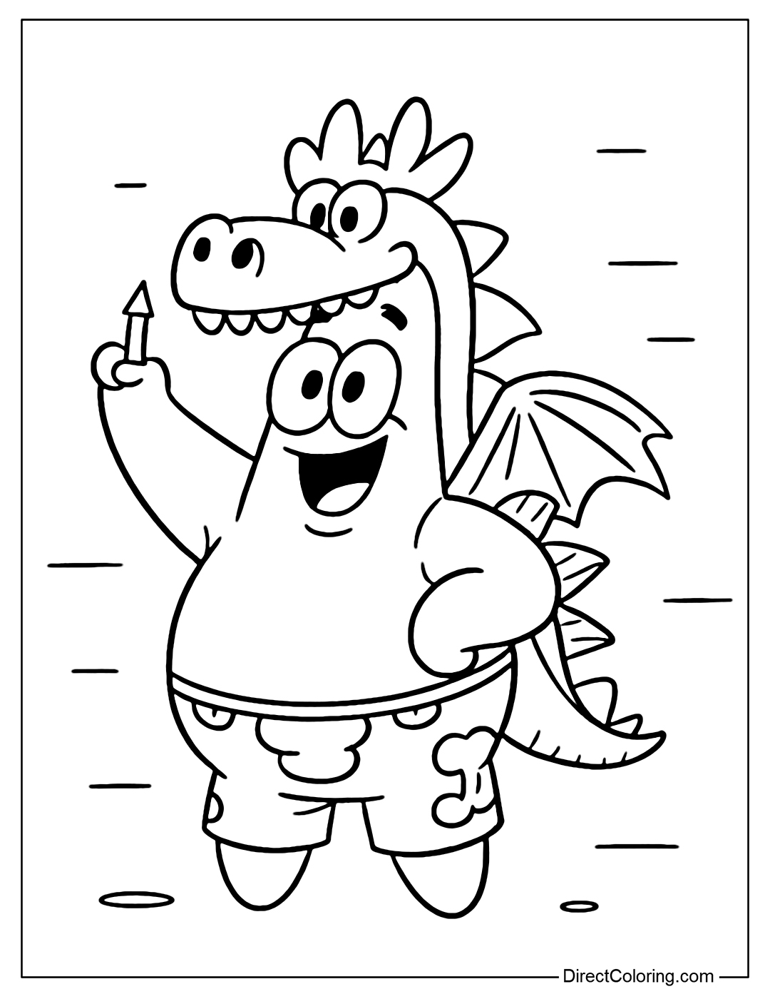 Patrick Coloring Page is wearing a playful dragon costume and holding a crayon, looking cheerful and excited.