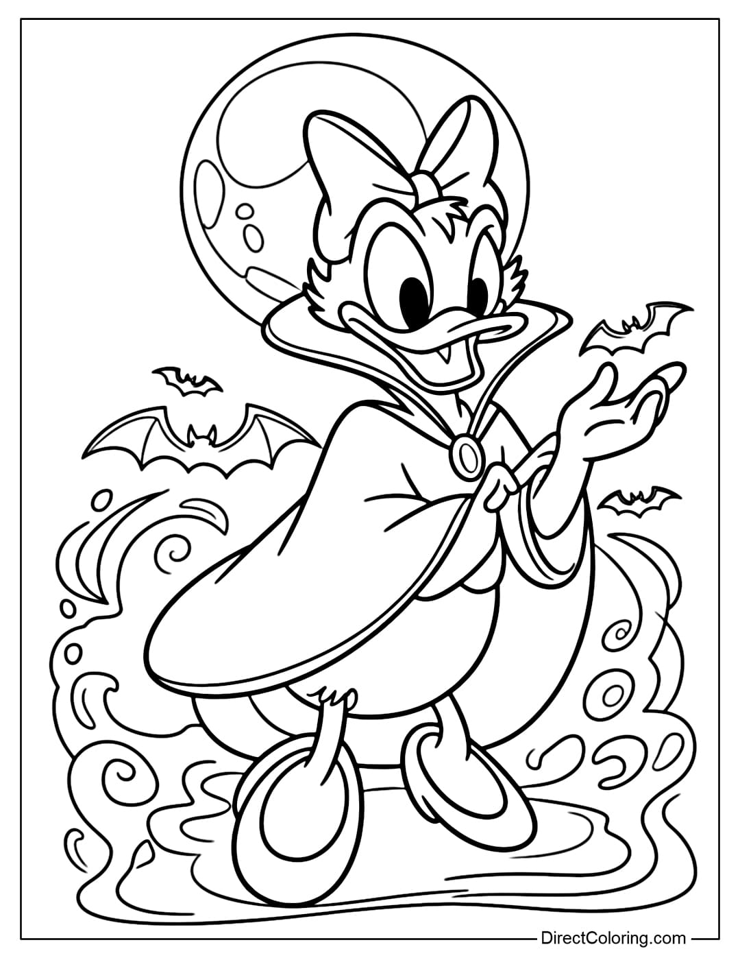 Duck Coloring Page Vampire, wearing a black cloak, with bat wings, standing under the full moon.