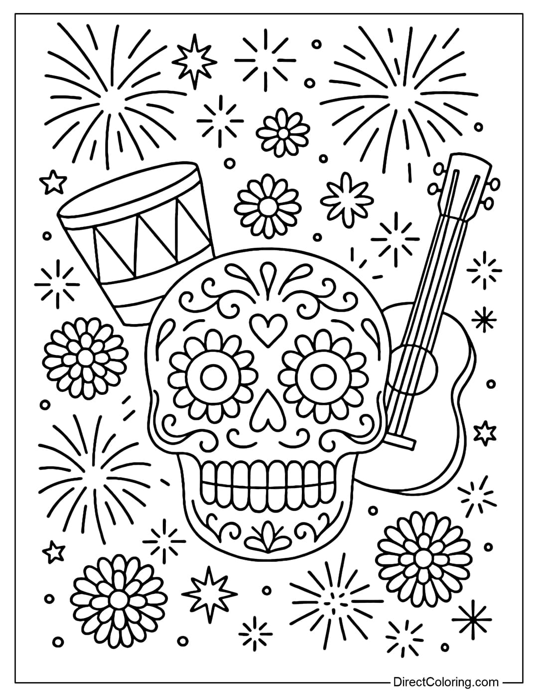 A Dia de los Muertos skull coloring page in the festival, surrounded by drums, guitars, daisies and fireworks, creating a bustling and colorful atmosphere.